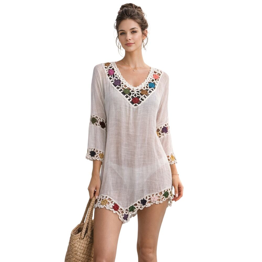 Ana & Rose Crochet Floral Boho Swim Cover-Up Tunic XL